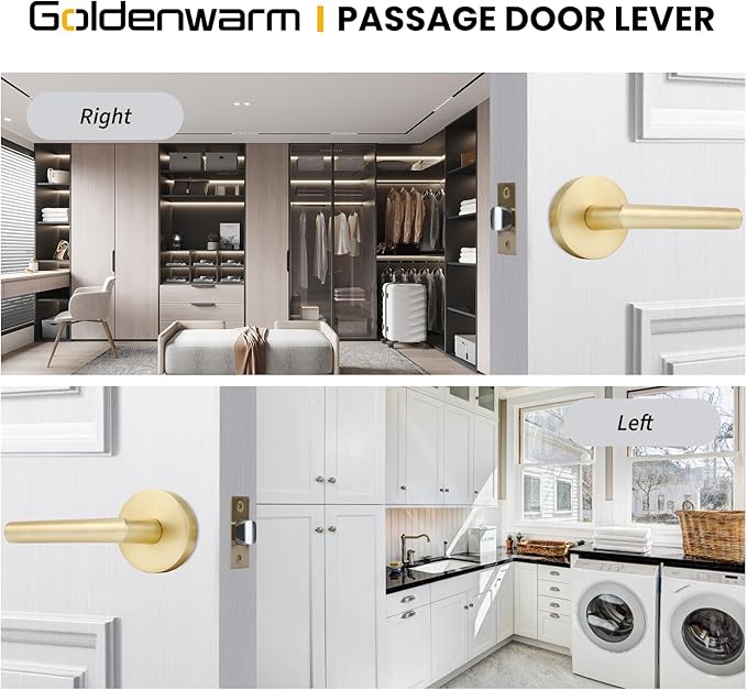 Goldenwarm Gold Closet Door Handles Interior, Brushed Brass Interior Passage Door Handles, Heavy Duty Zinc Alloy Brushed Gold Door Lever for Hall and Closet (1 Pack)