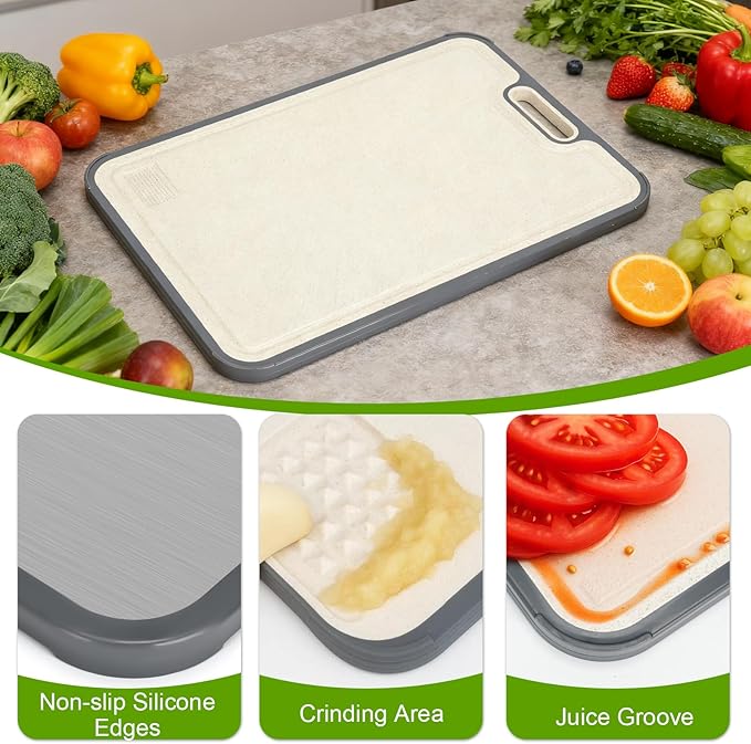 Titanium Cutting Board for Kitchen,2-in-1 Double Sided Food-Grade Pure Titanium&Wheat Straw PP,Non-Toxic，Non-Slip，Ideal for Meat,Fruit，Vegetables & Family Cooking ，Easy to Clean Large Size 15.2”×10.5”