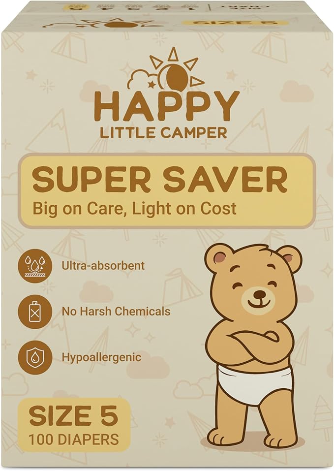 Happy Little Camper Super Saver Diapers, Size 5, 100 Count | Budget-Friendly Disposable Baby Diapers for Sensitive Skin | Hypoallergenic, Fragrance-Free, Ultra Absorbent
