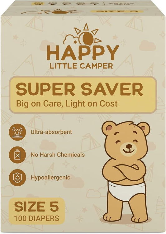 Happy Little Camper Super Saver Diapers, Size 5, 100 Count | Budget-Friendly Disposable Baby Diapers for Sensitive Skin | Hypoallergenic, Fragrance-Free, Ultra Absorbent