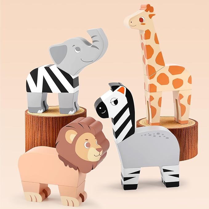 Joyreal Magnetic Mix or Match Jungle Animals Toy Play Set, 16 Pcs Wooden Building Blocks Play Set Toy for 1 Year Old, Fine Motor Montessori Game Preschool Educational Gift for Ages 1-5