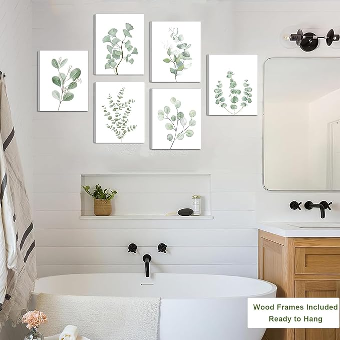 FRAMED Botanical Plant Canvas Wall Art, Boho Plant Wall Decor Minimalist Floral Wall Decor Light Green Botanical Wall Art for Bedroom Living Room Bathroom Office (Set of 6, 8x10 inch, Framed)