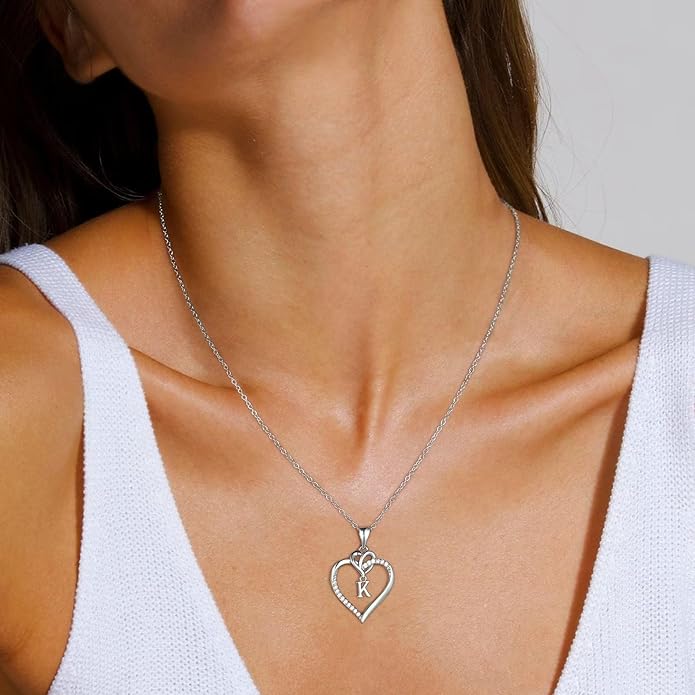 STORUP Christmas Gifts for Women Teen Girls - Heart Initial Necklaces for Women Girls, 14K-Gold-Plated Cubic Zirconia Initial A-Z Pendant Dainty Heart Necklaces for Teen Girl Jewelry Birthday Gifts