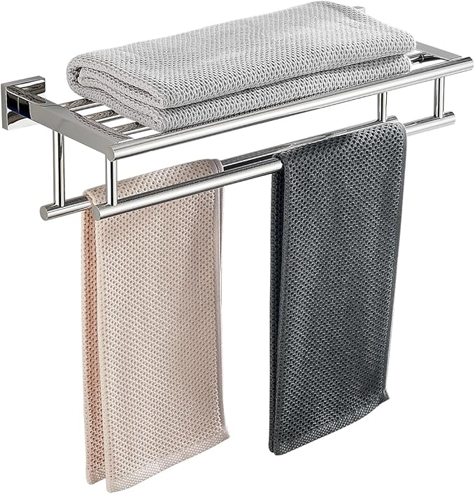 Towel Rack with Shelf 20 Inch Double Towel Racks for Bathroom Polished Chrome Bath Towel Holder SUS304 Stainless Steel Towel Rack Wall Mounted Modern Towel Hanger