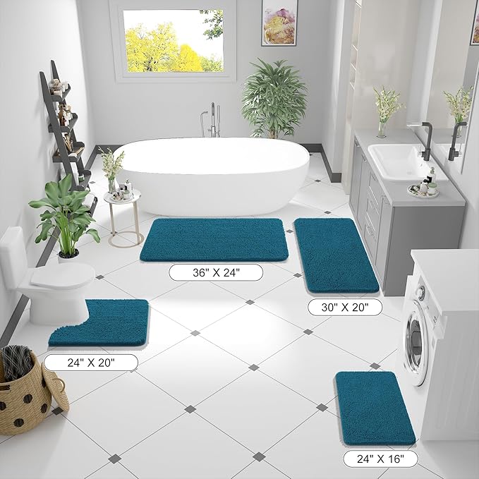OLANLY Bathroom Rugs 40x32, Extra Soft Absorbent Chenille Bath Rugs, Rubber Backing Quick Dry, Machine Washable Bath Mats for Bathroom Floor, Tub and Shower, Home Decor Accessories, Peacock Blue