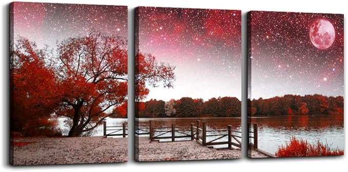 Wall Art For Living Room Canvas Prints Bedroom Wall Decor For Bathroom Artwork Abstract Painting Red Tree Moon Landscape Paintings 12" X 16" 3 Pieces Modern Framed Office Home Decorations For Kitchen