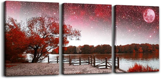 Wall Art For Living Room Canvas Prints Bedroom Wall Decor For Bathroom Artwork Abstract Painting Red Tree Moon Landscape Paintings 12" X 16" 3 Pieces Modern Framed Office Home Decorations For Kitchen