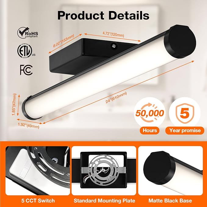 LEDVANCE Sylvania 24" Modern Vanity Lights for Bathroom, 22W, 5 Temperature Select (2700K/3000K/3500K/4000K/6000K), Dimmable, Round Shape, Black, with Accessories - 1 Pack (66557)