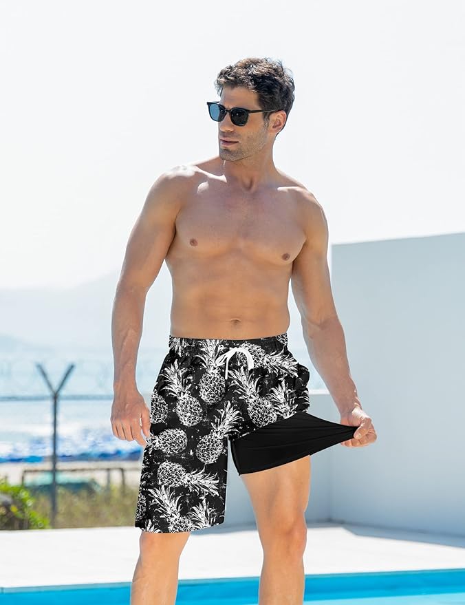 Goodstoworld Mens Swim Trunks with Compression Liner 9'' Inseam Quick Dry Swimsuit Shorts M-3XL