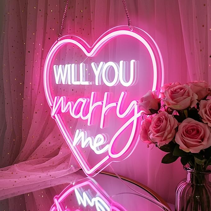 Will You Marry Me Neon Sign Pink Heart LED Light for Proposal Decor, Romantic Engagement Decoration USB Powered LED Wall Sign for Wedding, Valentine’s Day, Anniversary, Bedroom Decor