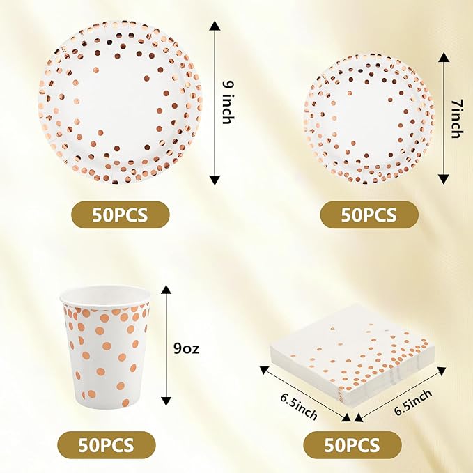 201PCS Disposable Paper Plates Rose Gold Party Supplies, Polka Dots Birthday and Baptism Decorations, include Cups, Napkins, Plastic Tablecloth, for Baby Shower, Mother's Day