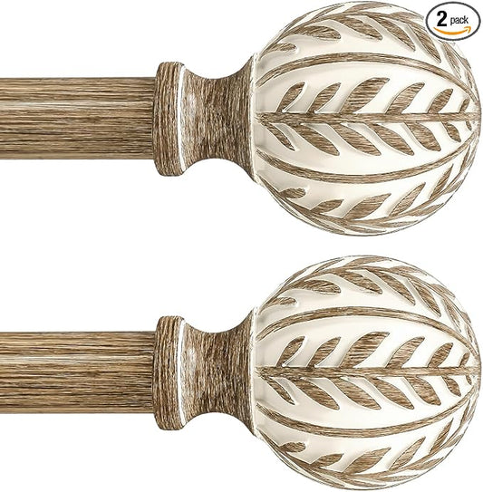 2 Pack Boho Wood Curtain Rods for Windows 48 to 84 inch,1" Adjustable Heavy Duty Window Curtain Rod with Imitation Wood Grain Finials,Rustic Decorative Drapery Rods Set 36-88'',Weathered Wood