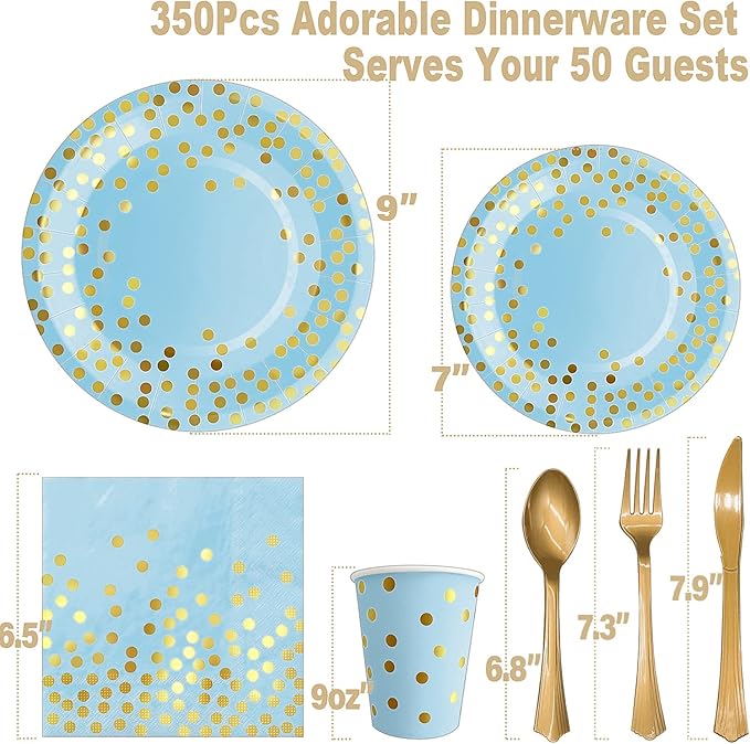 350PCS Blue and Gold Paper Plates Party Decorations Dinnerware Sets for 50 Guests Plastic Forks Knives Spoons, Golden Dot Blue Party Plates Napkins Cups for Birthday Baby Shower Wedding New Year