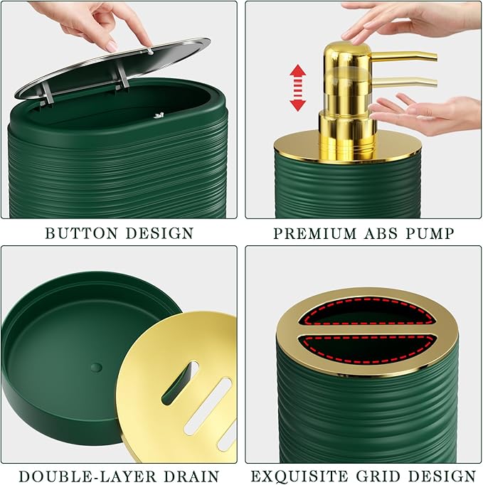 Bathroom Set, 10PC Bathroom Accessory Set, Green Bathroom Accessories, Green and Gold Bathroom Set with Trash Can, Soap Dispensers