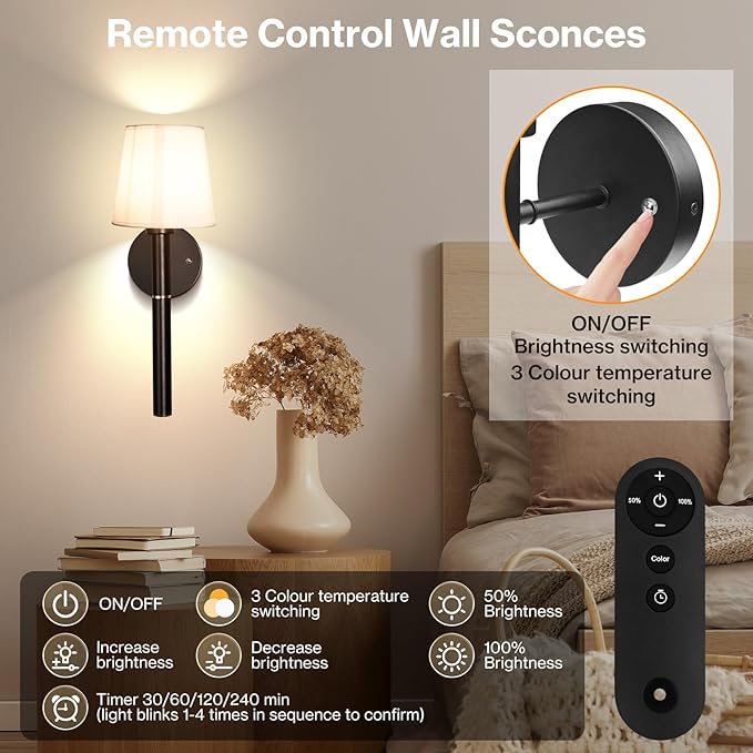Battery Operated Wall Sconce Set of 2, 5200mAh Wireless Wall Lights with Detachable Charging Stick & Dimmable Bulbs, 3 Colors Rechargeable Wall Lamps for Bedroom Living Room Hallway Decor, Black