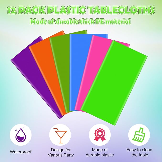 12 Pack Neon Table Cloths Party Decorations, Pink Orange Yellow Green Blue Purple Glow in The Dark Plastic Tablecloth, Disposable Rainbow Table Cover for Glow in Dark Neon Party Supplies Decorations