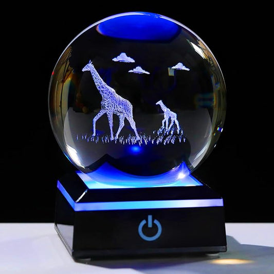 Qianwei Giraffe Gifts for Women Men 3D Crystal Ball 3.14'' - Laser Giraffe Decor Glass Animals Figurines Statue Stuff for Room Night Light Giraffe Gifts for Mom