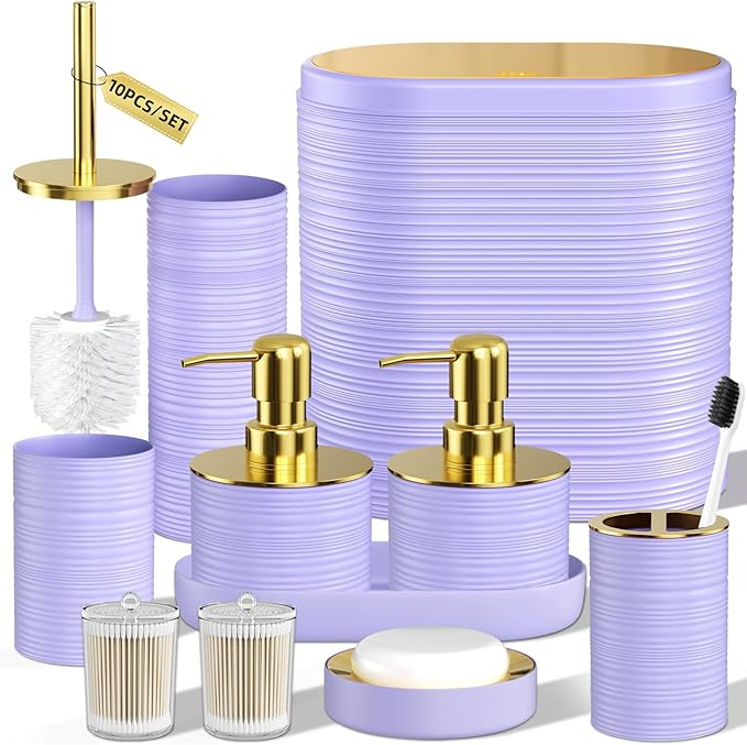 Bathroom Set, 10PC Bathroom Accessory Set, Purple Bathroom Accessories, Purple and Gold Bathroom Set with Trash Can, Soap Dispensers
