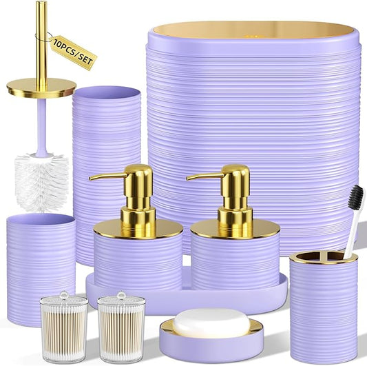 Bathroom Set, 10PC Bathroom Accessory Set, Purple Bathroom Accessories, Purple and Gold Bathroom Set with Trash Can, Soap Dispensers