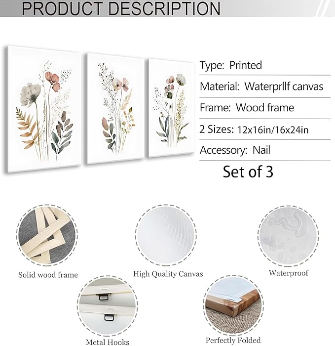 3Pcs Framed 12x16in Boho Flower Wall Art Wildflower Watercolor Canvas Minimalist Colorful Botanical Floral Painting Picture Wall Decor Posters Modern Print Artwork for Living Room Bedroom