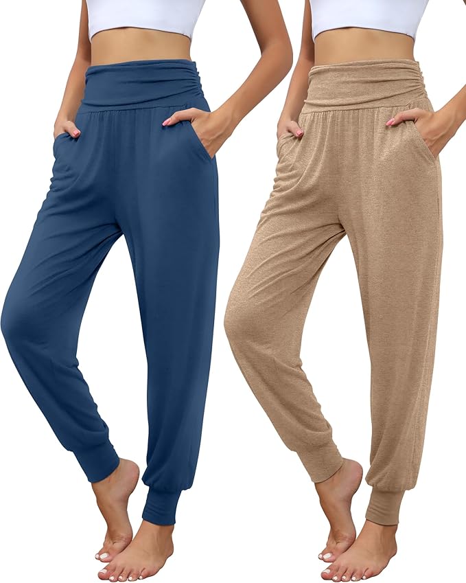 2 Pack Women's Yoga Joggers, Cozy Sweatpants with Pockets Casual Loose Comfy High Waisted Lounge Pants