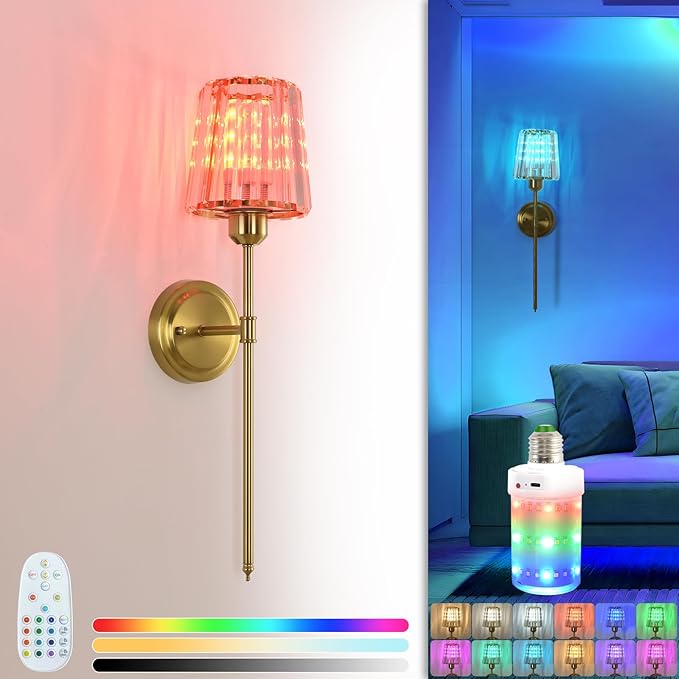 Crystal Battery Operated Wall Sconces, Gold RGB Rechargeable Wireless Wall Sconce with Remote for Wall Decor Bedroom Living Room 1 Bulbs Included