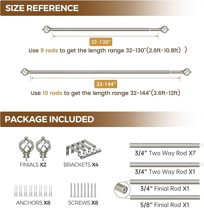 KAMANINA Silver Curtain Rods for Windows 72 to 144 Inch, Long Curtain Rod 32 to 144 Inches (2.6-12ft), 6/8 In Splicing Adjustable Single Drapery Rod with Twisted Cage Finial
