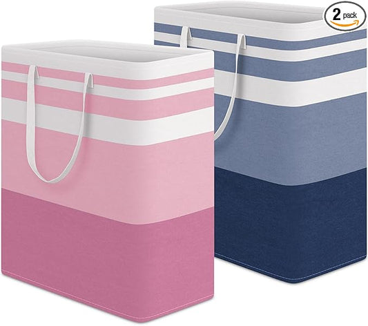 HomeHacks 2 Pack Large Laundry Baskets, Waterproof, Freestanding Laundry Hampers, Collapsible Clothes Hamper with Reinforced Handles in Laundry, College Dorm, Bathroom, Bedroom (Blue+Pink, 100Lx2)