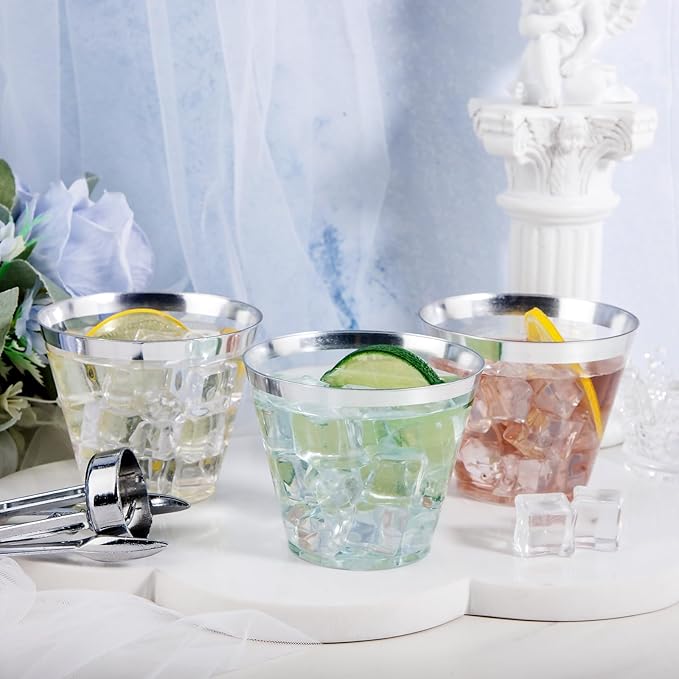 Ciaell 200PCS Silver Plastic Cups - 9Oz Heavy Duty Plastic Cups - Silver Rimmed Cup - Disposable Clear Cup with Silver Rim for Party & Wedding