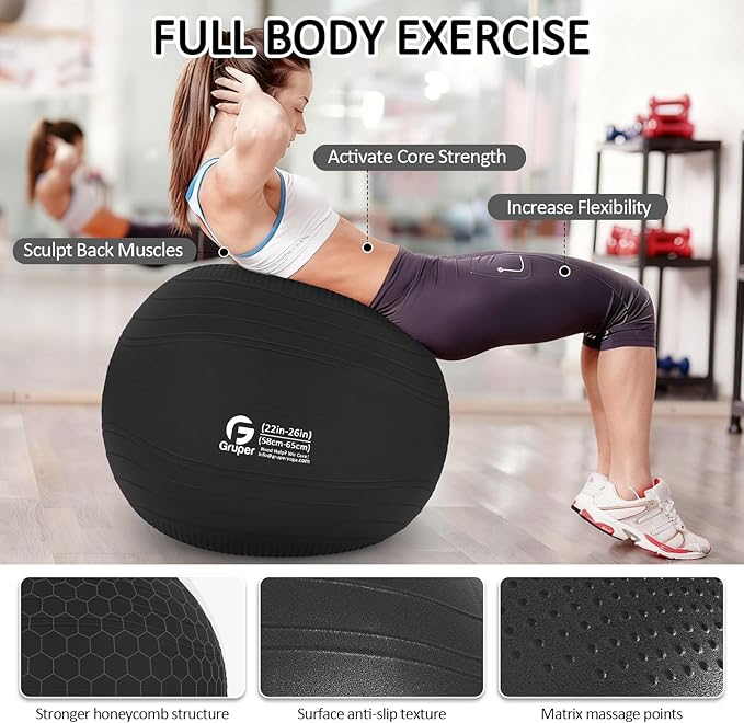 Gruper Yoga Ball, Multiple Sizes Non Slip Exercise Ball for Workout, Birthing, Balance, Stability, Pregnancy, 2200LB Capacity, Anti Burst Chair for Home and Office, Includes Quick Pump & Fitness Guide