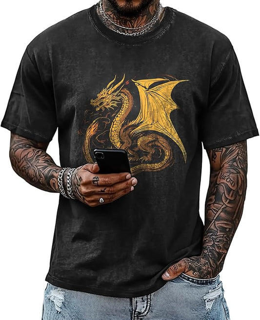 Mens Dragon Grpahic T-Shirts Short Sleeve 100% Cotton Crewneck Big and Tall Outdoor Summer Quick Dry Undershirts