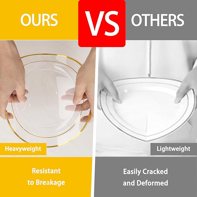 GATHER 350PCS Clear Gold Plastic Plates - Disposable Gold Dinnerware Sets Includes 100 Gold Rim Plastic Plates, 150 Silverware, 50 Napkins, 50 Cups for Party, Wedding & Christmas