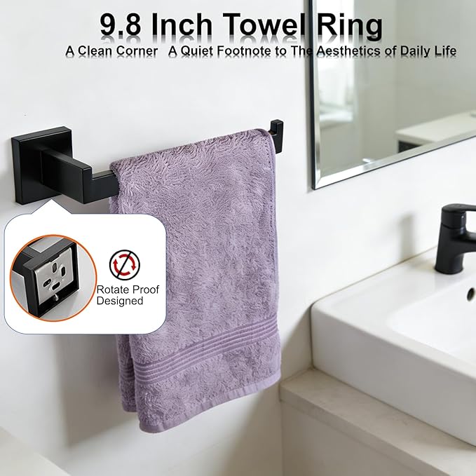 Bathroom Hardware Set 5 Piece Matte Black Bathroom Accessories Set SUS304 Towel Bar Set Includes Towel Bar 24 Inch+Towel Holder+Toilet Paper Holder+Towel Hook (5, Matte Black)