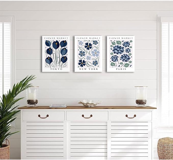 BingruiArt Flower Market Wall Art Navy Blue Canvas Boho Floral Wall Decor Modern Retro Botanical Posters Prints Pictures for Livingroom Batroom Bedroom Dorm Room 3Pcs 12"x16" Framed