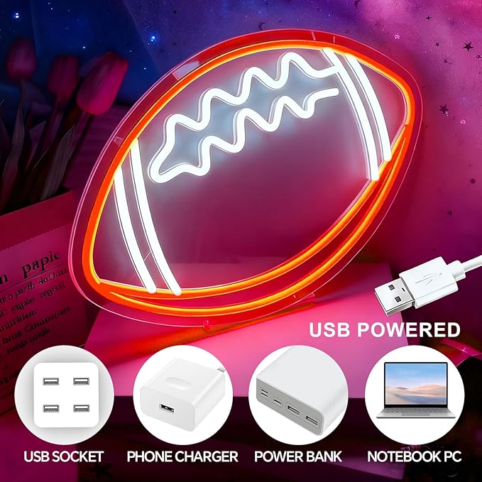 Football Neon Sign, Football-Shaped LED Neon Light for Wall Decor, USB Powered Light Up Sign for Man Cave, Boys & Teens Bedroom, Game Room Decor, Cool Football Gift for Fans, 17.7×11.8 inches
