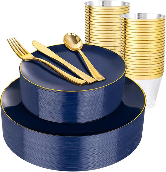 WDF 150pcs Blue plastic Plates - Navy Blue Plates Disposable - 25guest Disposable Dinnerware Sets for Hanukkah/Party/Wedding/Birthday