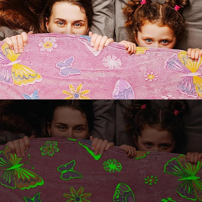 Wajade Glow in The Dark Butterfly Blanket for Girls, Soft Cozy Flannel Kids Throw Blanket for Boys and Girls, Cute Kids Blanket for Sofa Couch Bed, Christmas Birthday Gift 60"x80"