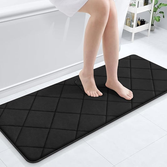 OLANLY Memory Foam Bath Mat 47x20, Ultra Soft and Absorbent Bathroom Rugs, Machine Washable, Comfortable Bath Carpet for Bathroom Floor, Tub and Shower, Black