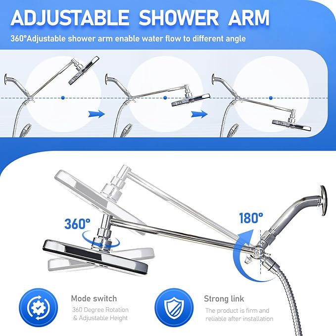 Wide Rain Shower Head With 5 Modes Handheld Showerheads, High Pressure Showerhead Combo with Extension Arm for Bathroom Accessories, Adjustable Shower Head with Anti-Clog Nozzles (Chrome)