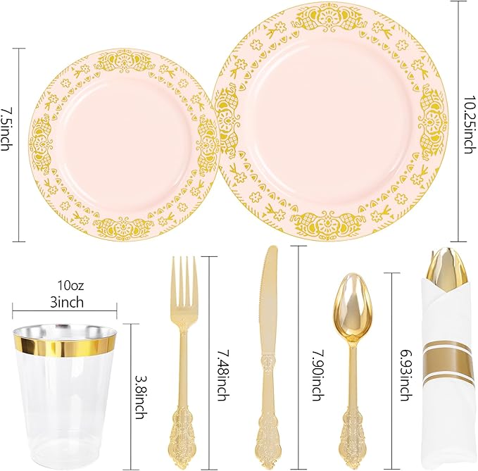 GATHER 350PCS Pink and Gold Plastic Plates - Gold Disposable Dinnerware Set Include 50 Dinner Plates, 50 Dessert Plates, 150 Plastic Silverware, 50 Napkins, 50 Cups for Party & Wedding
