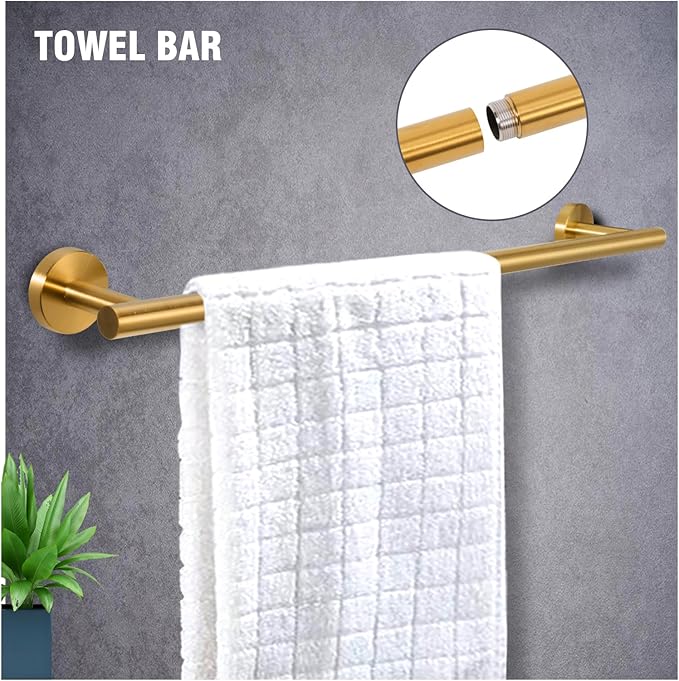 5-Piece Towel Racks for Bathroom, Stainless Steel Bathroom Accessories Set, Bathroom Towel Holder Wall Mounted, Sturdy Bath Towel Bar Set Bathroom Hardware Set (Brushed Gold, 2 Pillar Paper Holder)