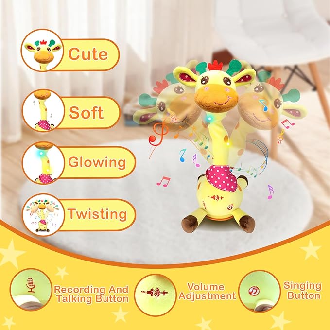 Talking Dancing Giraffe Toy, Stuffed Animal Repeats What You Say with Glowing Light, Baby Toy for 3-18 Months, Gift for Toddlers 1-3 Years Old