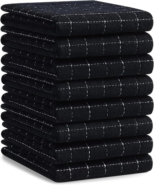 Homaxy 100% Cotton Terry Kitchen Towels(Black, 20 x 28 inches), Checkered Designed, Soft and Super Absorbent Dish Towels, Large 8 Pack