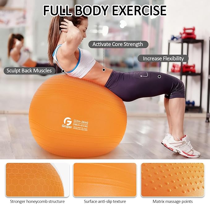 Gruper Yoga Ball, Multiple Sizes Non Slip Exercise Ball for Workout, Birthing, Balance, Stability, Pregnancy, 2200LB Capacity, Anti Burst Chair for Home and Office, Includes Quick Pump & Fitness Guide