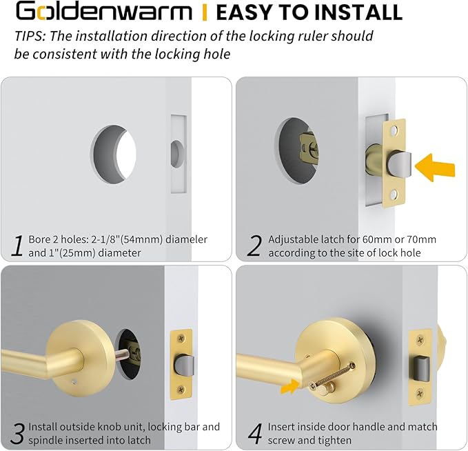 Goldenwarm Gold Door Handles Interior, Privacy Brushed Brass Interior Door Handles, Heavy Duty Zinc Alloy Brushed Gold Door Lever for Bedroom and Bathroom (1 Pack)