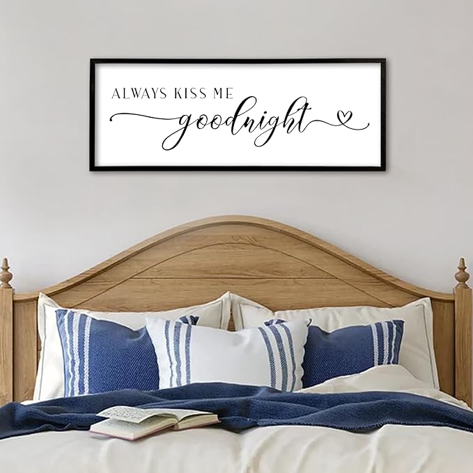 Always Kiss Me Goodnight Sign Wall Decor 40"X15" Master Bedroom Above Bed Large Wooden Framed for Couples Over Bed Wall Hanging Art (Black)