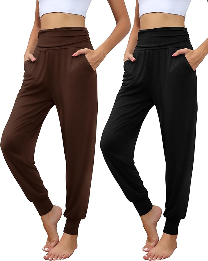 2 Pack Women's Yoga Joggers, Cozy Sweatpants with Pockets Casual Loose Comfy High Waisted Lounge Pants