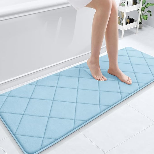 OLANLY Memory Foam Bath Mat 59x20, Ultra Soft and Absorbent Bathroom Rugs, Machine Washable, Comfortable Bath Carpet for Bathroom Floor, Tub and Shower, Sky Blue