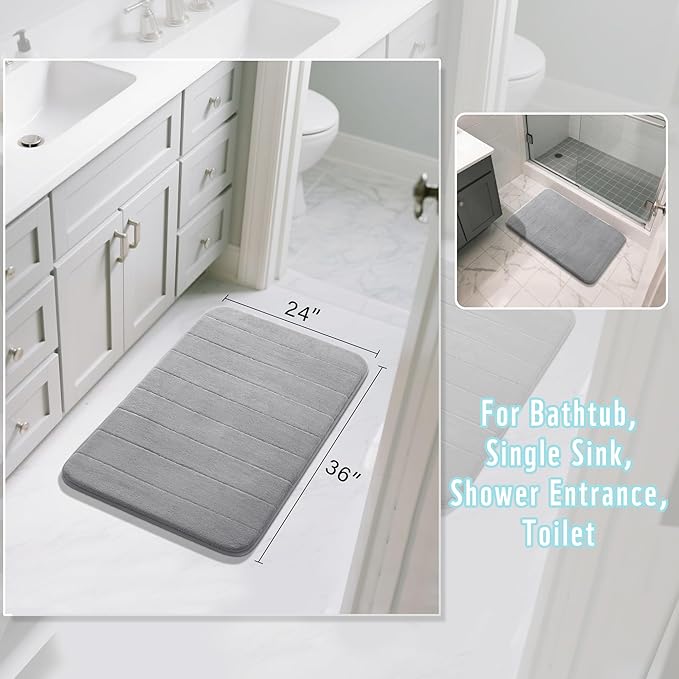 Yimobra Large Bath Mat 36"x24", Super Soft Quick Dry Memory Foam Bathroom Rug, Water Absorbent, Non Slip Backing Machine Washable for Tub Shower, Thick Comfort Support, Gray
