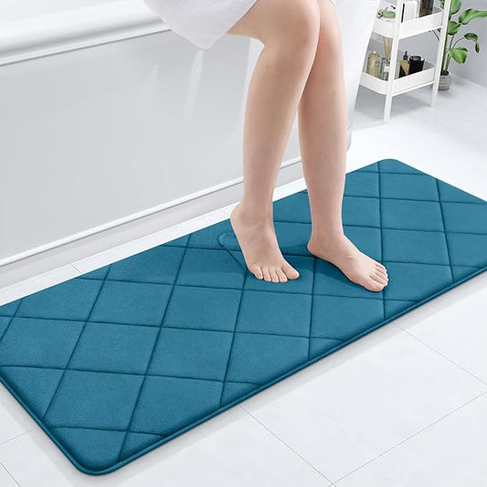 OLANLY Memory Foam Bath Mat 47x20, Ultra Soft and Absorbent Bathroom Rugs, Machine Washable, Comfortable Bath Carpet for Bathroom Floor, Tub and Shower, Peacock Blue